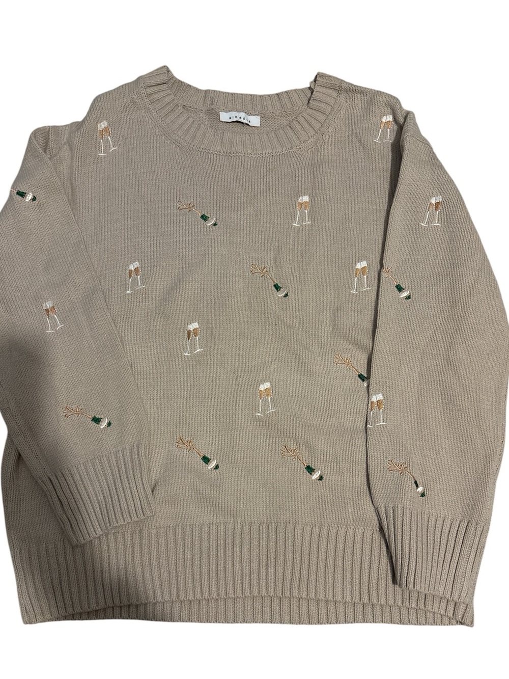 Miracle Beige Crewneck Sweater w/Champagne Embroidery no material tag - 24in P2P